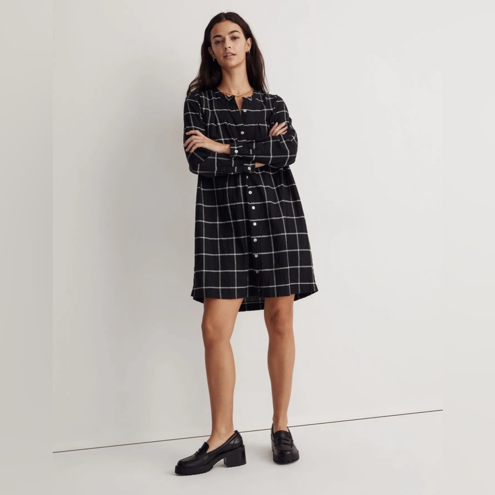 Madewell Collarless Shirtdress in Windowpane True Black Womens Size XXS